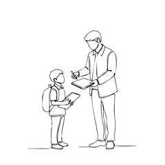 Man teaching young boy with backpack and tablet in autumn school concept  