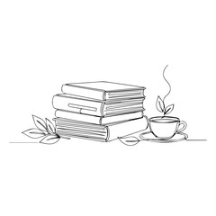 Stack of books with steaming cup and leaves in minimalist style  
