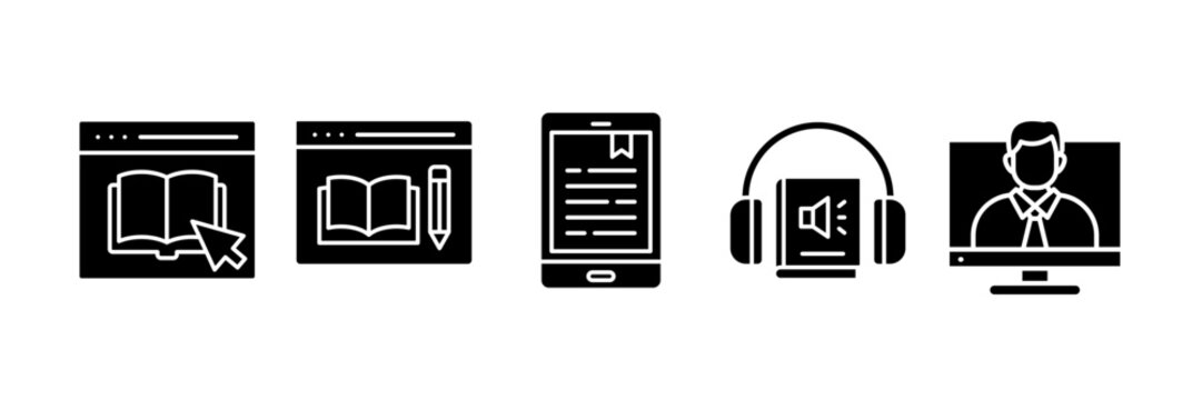 Online Education Icon Set, Containing design Education, Digital Book, E-Book, Audiobooks, Tutor