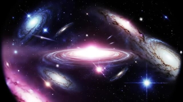 Luminous Active Galactic Nucleus with a Supermassive Black Hole. Vibrant Cosmic Scene of an AGN and Relativistic Jets. Surreal Vision of Cosmic Power and Stellar Nurseries. High-Resolution Artwork 