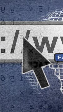 Clicking cursor over http: or www text animation with globe and binary code background