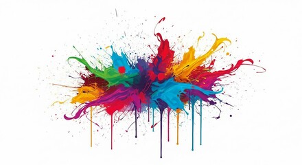 A striking abstract image with colorful paint splashes in red, orange, yellow, green, blue, purple, and pink arranged in a row against a white background