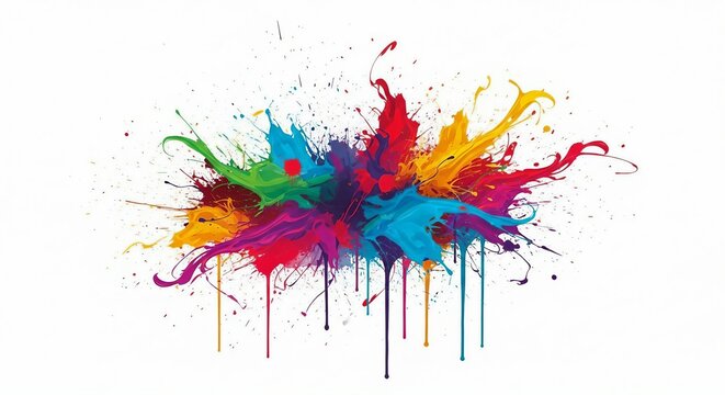 A striking abstract image with colorful paint splashes in red, orange, yellow, green, blue, purple, and pink arranged in a row against a white background