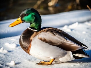 Fototapeta premium A majestic male mallard duck with iridescent green head stands proudly on a snowy winter day