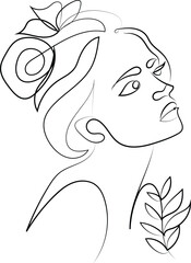 Abstract face with flowers continuos one line vector drawing portrait minimalistic des