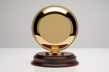 A golden trophy with a round plate is displayed on a white surface, isolated on white background