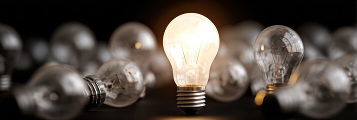 Unique Business Highlight: Illuminated Light Bulb Among Unlit Ones, Symbolizing Innovation and Extraordinary Ideas