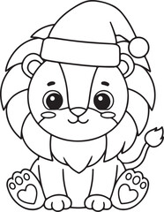 Obraz premium Smiling cartoon tiger cub with Santa hat and striped tail, front view, black and white outline for holiday page