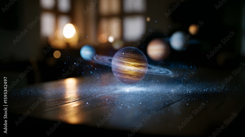 Poster holographic display of a rotating solar system on a desk