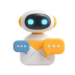 Friendly cartoon robot with speech bubbles for communication and messaging isolated on transparent background