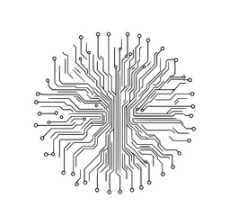 Circuit Board Mandala: A minimalist line art illustration depicts a circular circuit board design, showcasing intricate pathways and nodes in a monochrome style.