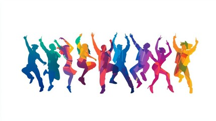 Colorful silhouettes of people dancing joyfully, representing happiness and freedom in movement and expression.