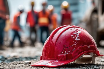 Close-Up of Red Hard Hat with Blurred Background of Injured Workers at Construction Site