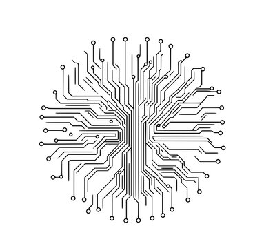 Circuit Board Mandala: A minimalist line art illustration depicts a circular circuit board design, showcasing intricate pathways and nodes in a monochrome style.