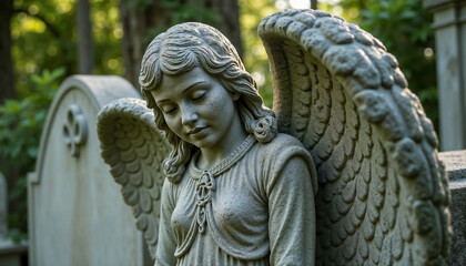 Fototapeta premium Gravestone with angel statue featuring a solemn angel statue adorning gravestone.