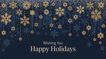 "Happy Holidays Greeting Card with Hanging Gold Snowflakes and Stars on Deep Blue Background – Elegant Winter Festive Design"