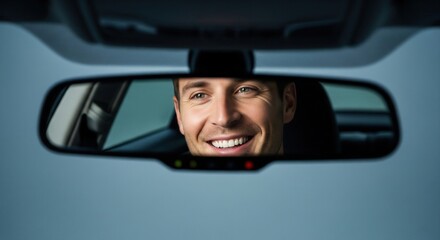 Smiling young man reflected in car rearview mirror