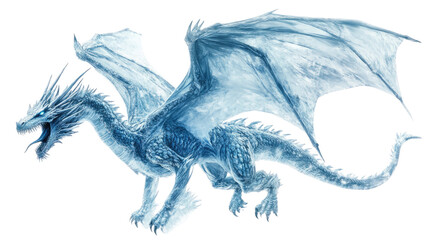 Fototapeta premium A majestic ice dragon glides gracefully over a breathtaking landscape on white background