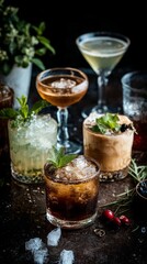 Assorted cocktail glasses display with refreshing drinks and garnishes