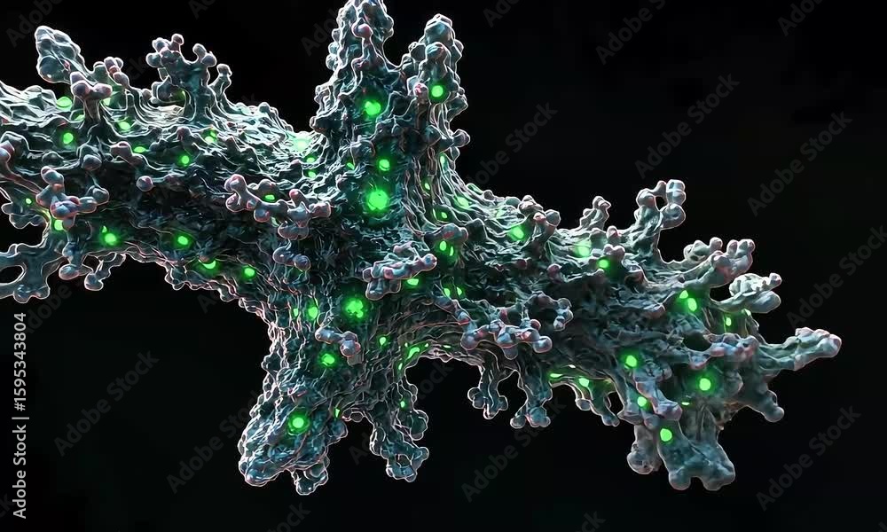 Aufkleber abstract 3d render of a geometric structure with glowing green spheres on black background