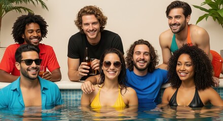 Group of young friends enjoying in swimming pool with drinks and smiles