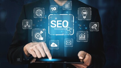 SEO concept for improving SEO visibility, with SEO related digital tools and SEO performance icons...