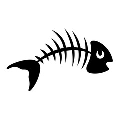 Stylized Fish Skeleton Silhouette Vector Illustration. A cartoon style fish with a large head, a visible eye, rib bones and a curving spine ending in a rounded tail fin.