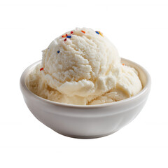 Delicious white vanilla ice cream topped with colorful sprinkles in a white bowl, perfect for a refreshing dessert or treat.