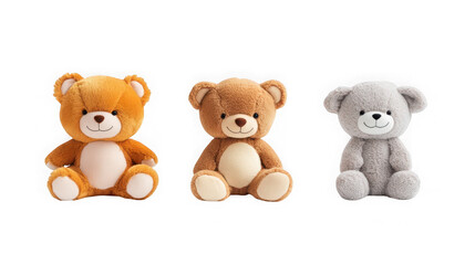 cutout set of three stuffed animal toys isolated on white and transparent background
