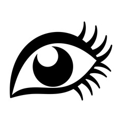 Stylized Eye with Eyelashes. Black Vector Illustration. A stylized eye with dramatic curved lashes and a crescent highlight in the iris.