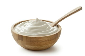 A wooden bowl of creamy white yogurt with a wooden spoon isolated on white background