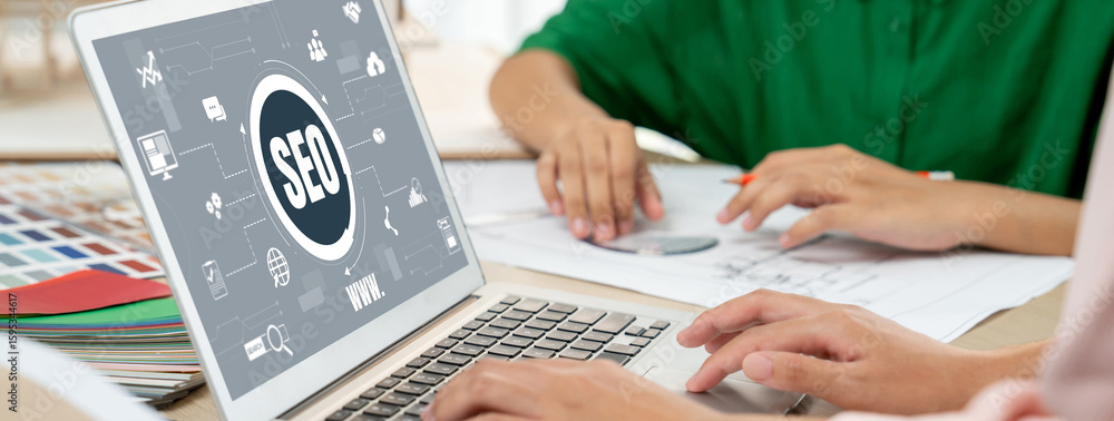Poster seo search engine optimization for brisk e-commerce and online retail business showing on computer s
