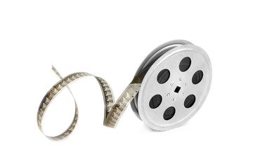 Old film strip on reel isolated on white