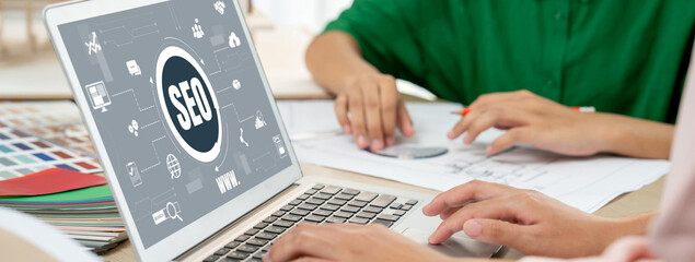 SEO search engine optimization for brisk e-commerce and online retail business showing on computer...