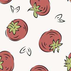 Vector playful red hand-drawn tomato seamless pattern background. Retro painterly tomatoes on white backdrop. Vintage kitchen look. Retro vintage charm for country cafe, restaurant, farmers market
