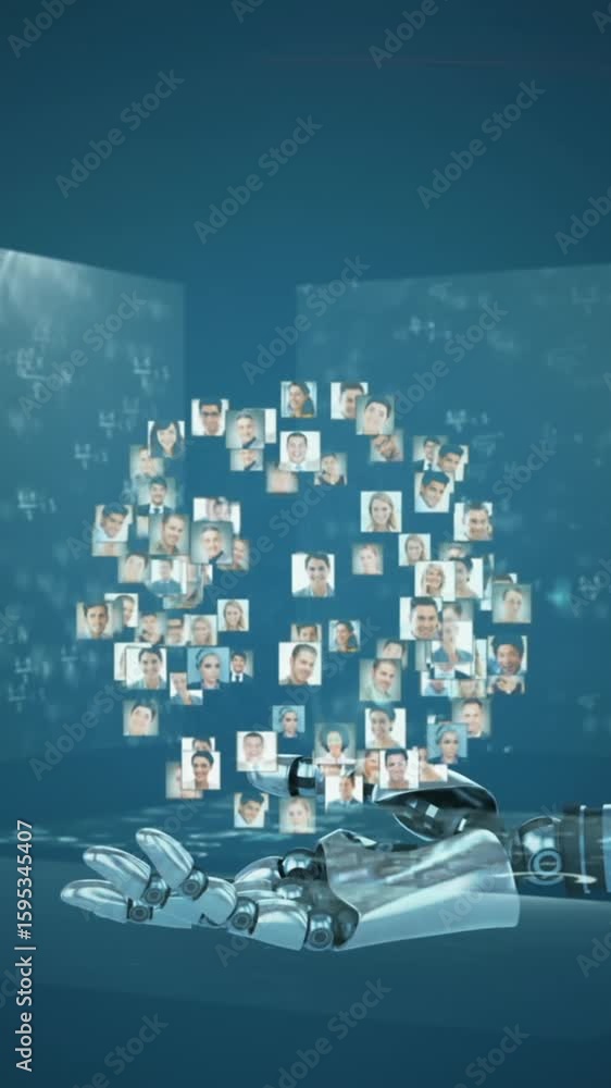 Poster animation of light spots over robots arm and data processing on screens
