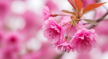 Obraz premium Elegant close up of vibrant pink cherry blossoms in full bloom against soft background
