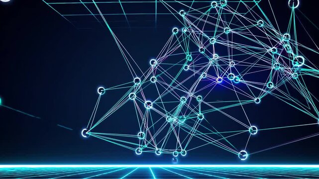 Geometric Cybernetic Network: Interconnected Polygons with Particle Effects 3D Rendering of Digital Connection Grid