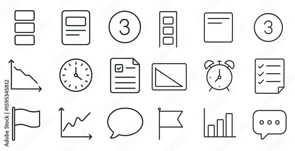 Poster set of icons with a clock, a paper, a check mark, and a flag. the clock is on the left, the paper is