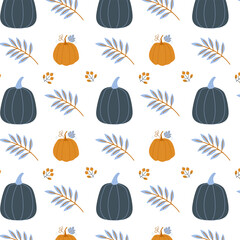 Autumn pattern with pumpkins and leaves on a white background
