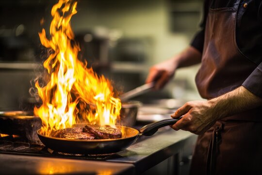 Sizzling Chef: Capturing the Intense Flames of Culinary Mastery in a Busy Eatery