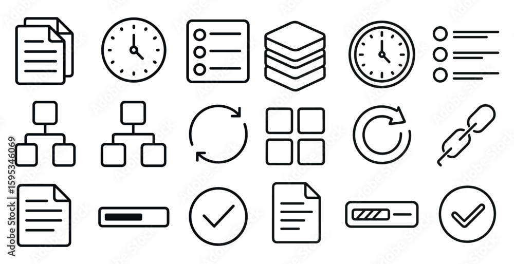 Fototapete Collection of icons and symbols, including a clock, a check mark, and a link. Scene is one of organization and productivity, with the clock