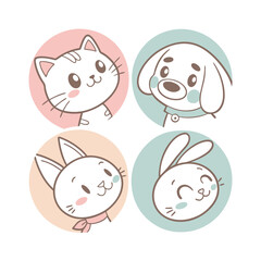 Cute cartoon animal faces set, vector illustration