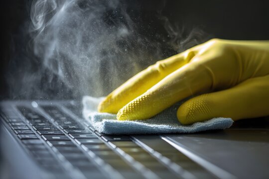 Caucasian Hand in Glove Using Disinfect Wipe to Sanitize Keyboard Amidst Coronavirus Threat