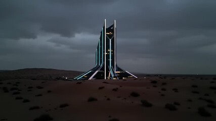 Futuristic skyscraper in a desert at night under a stormy sky - Powered by Adobe