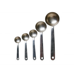Five metallic measuring spoons arranged in a line, each varying in size. Perfect for cooking and baking measurements. Isolated on a white background.