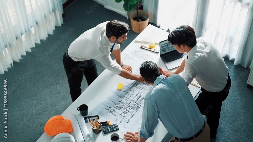 Aufkleber top view of professional architect engineer team writing sticky notes and sticking note at meeting t