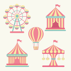 Pastel Color Vintage-Style Icon Set of a Carnival or Amusement Park with a Ferris Wheel, Circus Tents, and a Hot Air Balloon

