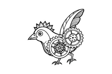 Fototapeta premium Steampunk Chicken Illustration A detailed line art drawing of a chicken with gears and mechanical elements perfect for coloring books tattoos and creative designs isolated