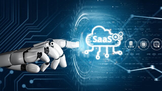 Visual representation of SaaS showing infrastructure, SaaS deployment, SaaS platform features, and SaaS integration model in digital environment. Muxer
